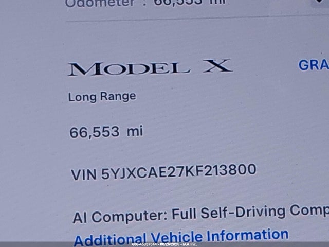 Aukcja sprzedaży 2019 Tesla Model X 100d/75d/long Range, vin: 5YJXCAE27KF213800, numer aukcji: 45937344