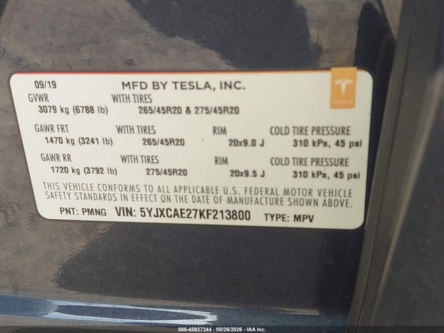 Aukcja sprzedaży 2019 Tesla Model X 100d/75d/long Range, vin: 5YJXCAE27KF213800, numer aukcji: 45937344