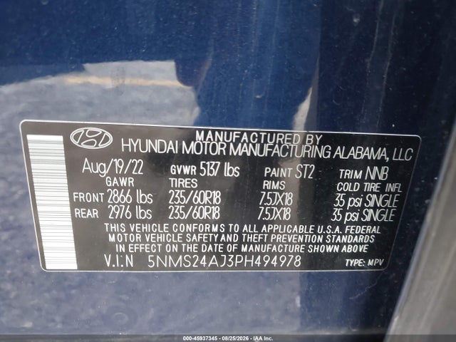 Aukcja sprzedaży 2023 Hyundai Santa Fe Sel, vin: 5NMS24AJ3PH494978, numer aukcji: 45937345