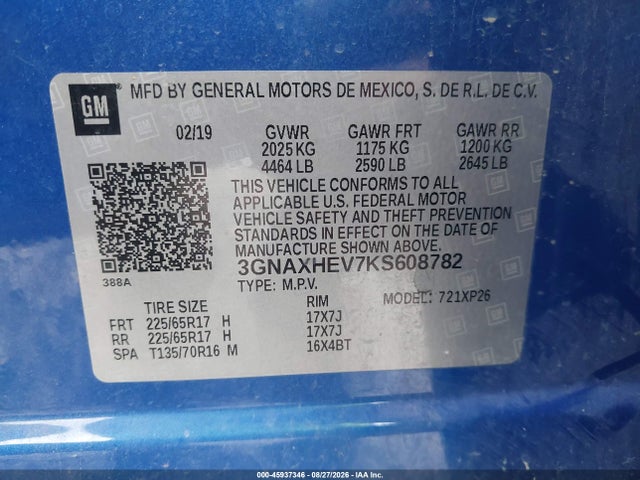 Продаж на аукціоні авто 2019 Chevrolet Equinox Ls, vin: 3GNAXHEV7KS608782, номер лоту: 45937346