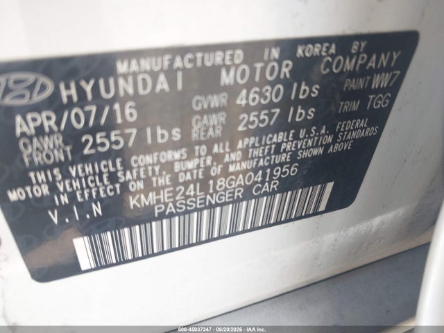 2016 Hyundai Sonata Hybrid Se მანქანა იყიდება აუქციონზე, vin: KMHE24L18GA041956, აუქციონის ნომერი: 45937347