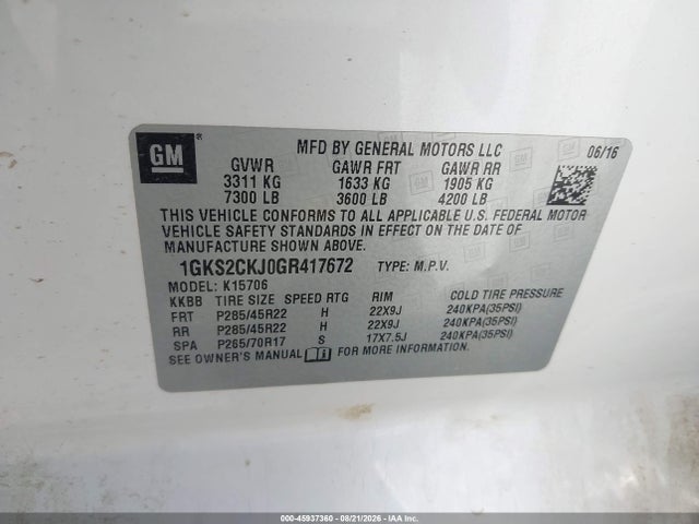 2016 Gmc Yukon Denali მანქანა იყიდება აუქციონზე, vin: 1GKS2CKJ0GR417672, აუქციონის ნომერი: 45937360
