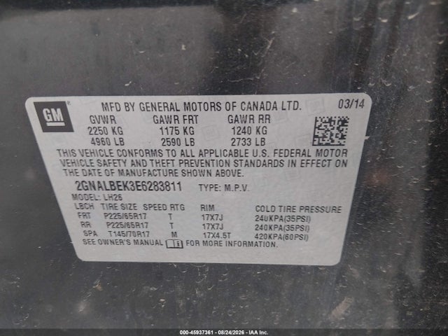 Aukcja sprzedaży 2014 Chevrolet Equinox Lt, vin: 2GNALBEK3E6283811, numer aukcji: 45937361
