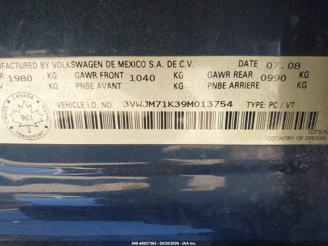 45937363 :رقم المزاد ، 3VWJM71K39M013754 vin ، 2009 Volkswagen Jetta S مزاد بيع