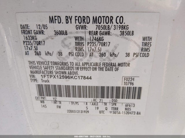45937369 :رقم المزاد ، 1FTPX12596KC17844 vin ، 2006 Ford F-150 Lariat/xl/xlt مزاد بيع