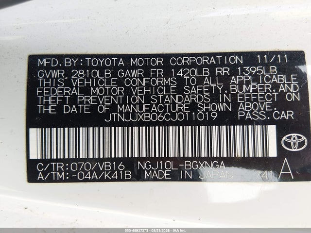 Aukcja sprzedaży 2012 Scion Iq, vin: JTNJJXB06CJ011019, numer aukcji: 45937373