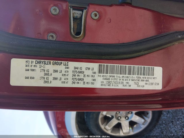 45937380 :رقم المزاد ، 1C6RD7JTXCS191391 vin ، 2012 Ram 1500 Laramie مزاد بيع
