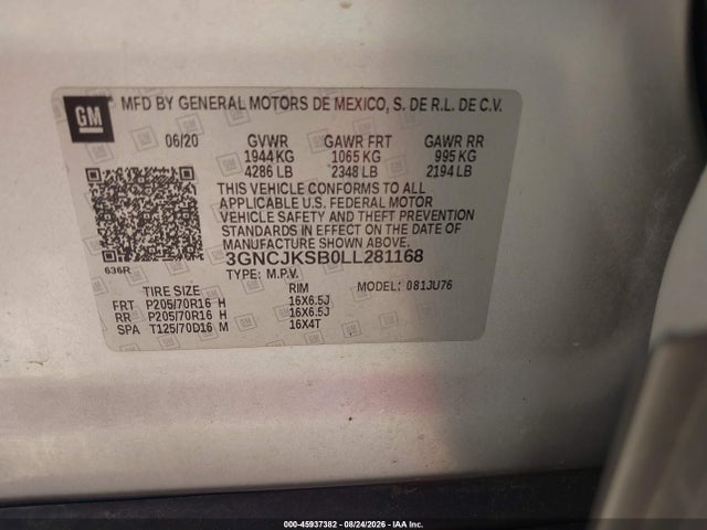 Продажа на аукционе авто 2020 Chevrolet Trax Fwd Ls, vin: 3GNCJKSB0LL281168, номер лота: 45937382
