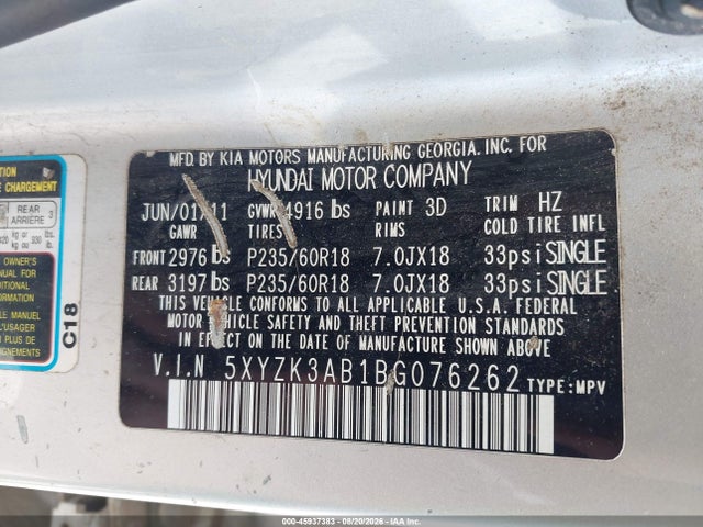2011 Hyundai Santa Fe Limited მანქანა იყიდება აუქციონზე, vin: 5XYZK3AB1BG076262, აუქციონის ნომერი: 45937383