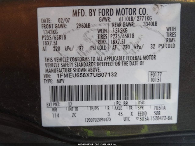 Aukcja sprzedaży 2007 Ford Explorer Limited, vin: 1FMEU658X7UB07132, numer aukcji: 45937384