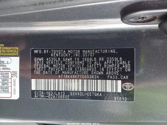 Aukcja sprzedaży 2007 Toyota Camry Xle V6, vin: 4T1BK46K77U553634, numer aukcji: 45937388