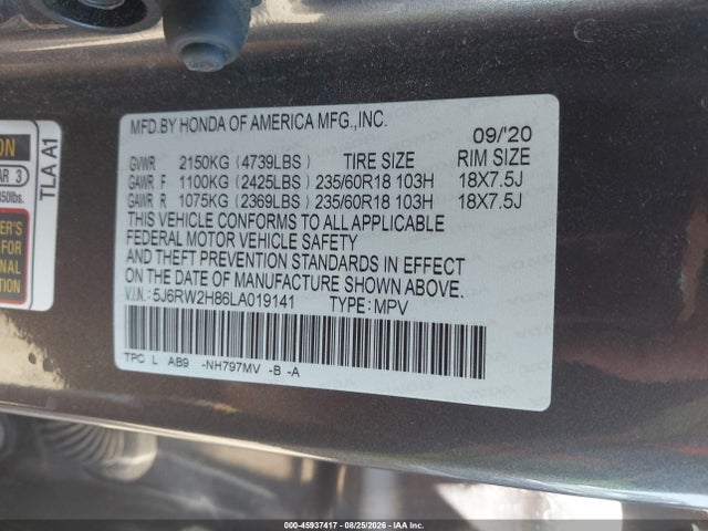 Aukcja sprzedaży 2020 Honda Cr-v Awd Ex-l, vin: 5J6RW2H86LA019141, numer aukcji: 45937417