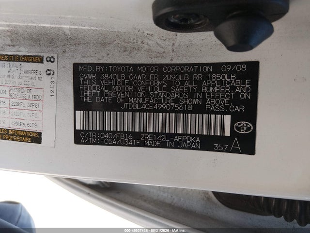 2009 Toyota Corolla Le მანქანა იყიდება აუქციონზე, vin: JTDBL40E499075618, აუქციონის ნომერი: 45937426