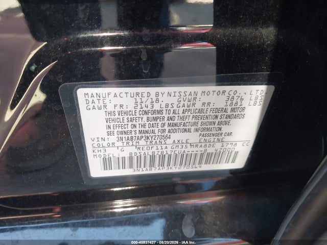 Продаж на аукціоні авто 2019 Nissan Sentra S, vin: 3N1AB7AP3KY270564, номер лоту: 45937427