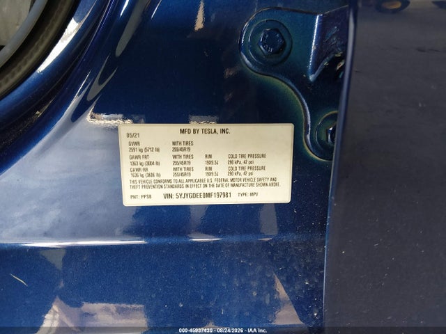45937430 :رقم المزاد ، 5YJYGDEE0MF197981 vin ، 2021 Tesla Model Y Long Range Dual Motor All-wheel Drive مزاد بيع