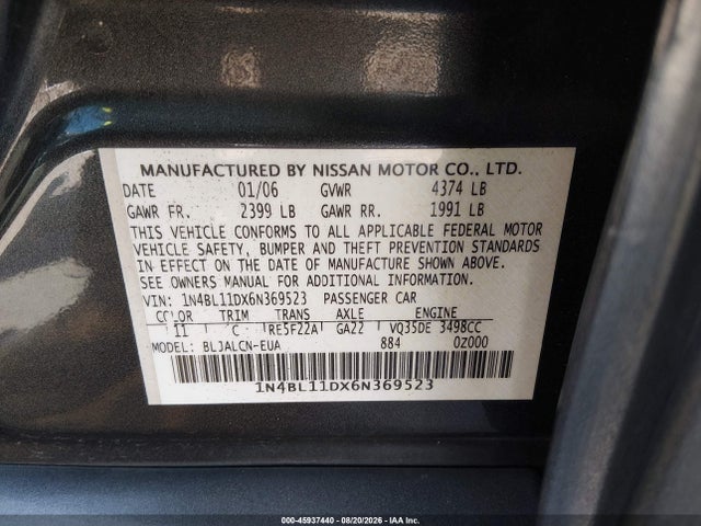 Продаж на аукціоні авто 2006 Nissan Altima 3.5 Se, vin: 1N4BL11DX6N369523, номер лоту: 45937440