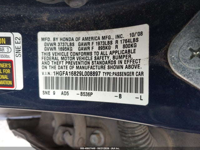 Продажа на аукционе авто 2009 Honda Civic Ex, vin: 1HGFA16829L008897, номер лота: 45937449