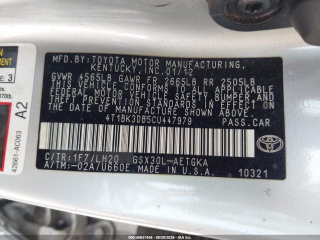 Продажа на аукционе авто 2012 Toyota Avalon, vin: 4T1BK3DB5CU447979, номер лота: 45937456