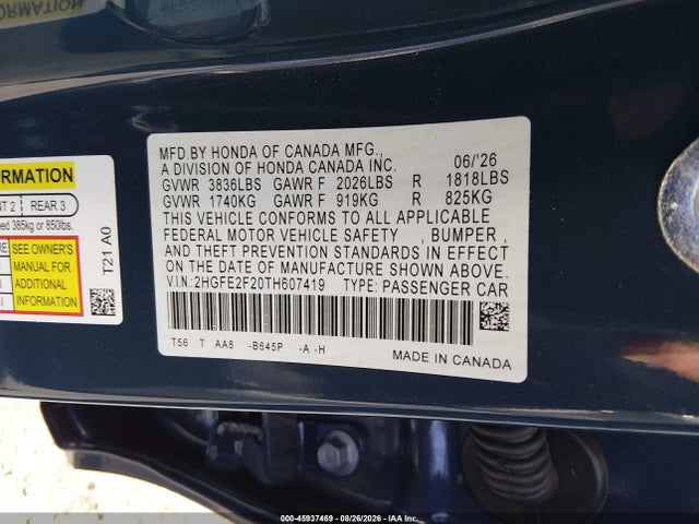 Honda Civic Lx 2026 2HGFE2F20TH607419 Image 9