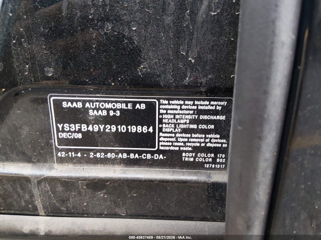 Продаж на аукціоні авто 2009 Saab 9-3 2.0t, vin: YS3FB49Y291019864, номер лоту: 45937489
