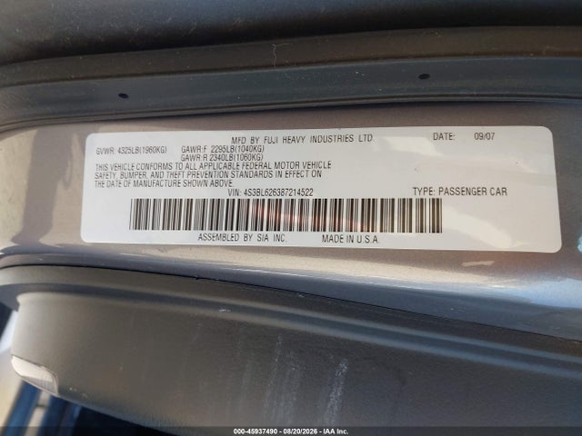 45937490 :رقم المزاد ، 4S3BL626387214522 vin ، 2008 Subaru Legacy 2.5i Limited مزاد بيع