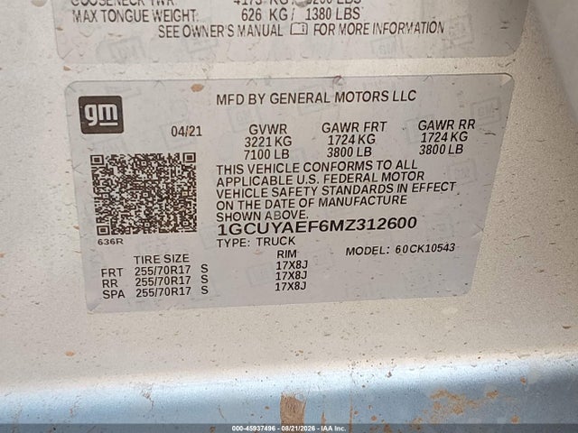 Продажа на аукционе авто 2021 Chevrolet Silverado 1500, vin: 1GCUYAEF6MZ312600, номер лота: 45937496