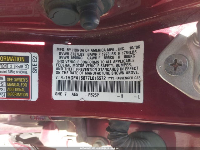 45937509 :رقم المزاد ، 1HGFA16877L016572 vin ، 2007 Honda Civic Ex مزاد بيع