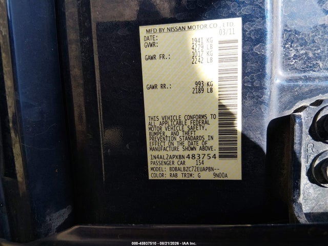 2011 Nissan Altima 2.5 S მანქანა იყიდება აუქციონზე, vin: 1N4AL2APXBN483754, აუქციონის ნომერი: 45937510