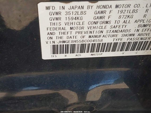 Продажа на аукционе авто 2011 Honda Fit Sport, vin: JHMGE8H55BC004558, номер лота: 45937511