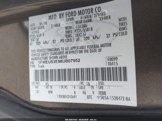 Продажа на аукционе авто 2008 Ford Explorer Sport Trac Limited, vin: 1FMEU53E98UB07952, номер лота: 45937522