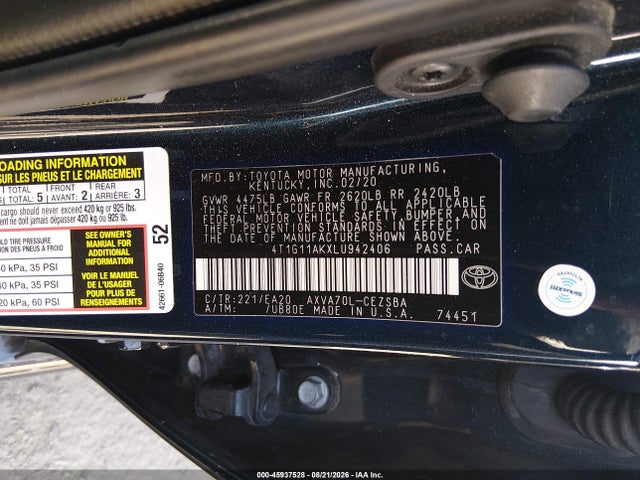 Toyota CAMRY SE 2020 4T1G11AKXLU942406 Image 9