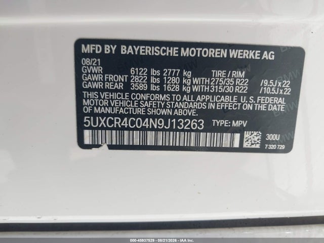 Aukcja sprzedaży 2022 Bmw X5 Sdrive40i, vin: 5UXCR4C04N9J13263, numer aukcji: 45937529