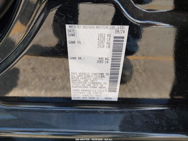 Продаж на аукціоні авто 2025 Nissan Altima S Fwd, vin: 1N4BL4BV0SN317627, номер лоту: 45937530