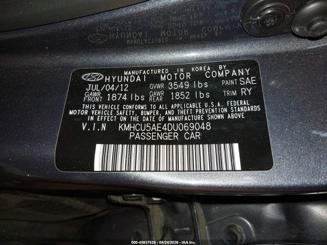 45937538 :رقم المزاد ، KMHCU5AE4DU069048 vin ، 2013 Hyundai Accent Se مزاد بيع