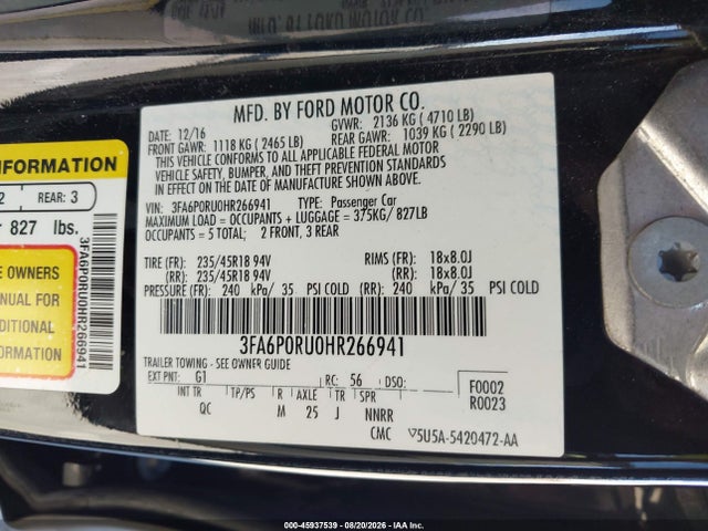 Продажа на аукционе авто 2017 Ford Fusion Hybrid Platinum, vin: 3FA6P0RU0HR266941, номер лота: 45937539