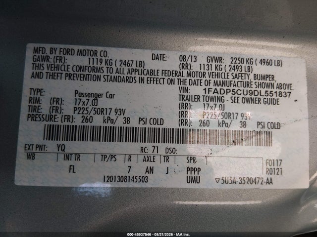 45937546 :رقم المزاد ، 1FADP5CU9DL551837 vin ، 2013 Ford C-max Energi Sel مزاد بيع