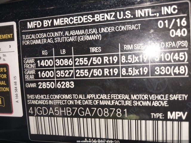 Aukcja sprzedaży 2016 Mercedes-benz Gle 350 4matic, vin: 4JGDA5HB7GA708781, numer aukcji: 45937548