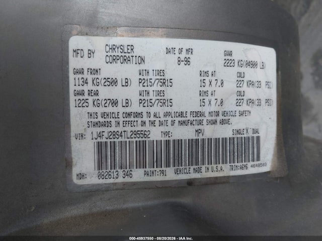 45937550 :رقم المزاد ، 1J4FJ28S4TL295562 vin ، 1996 Jeep Cherokee Se مزاد بيع