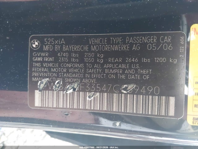 Aukcja sprzedaży 2007 Bmw 525xi, vin: WBANF33547CS39490, numer aukcji: 45937560