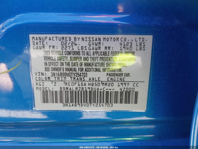Продаж на аукціоні авто 2026 Nissan Sentra Sr, vin: 3N1AB9DV0TY254703, номер лоту: 45937570