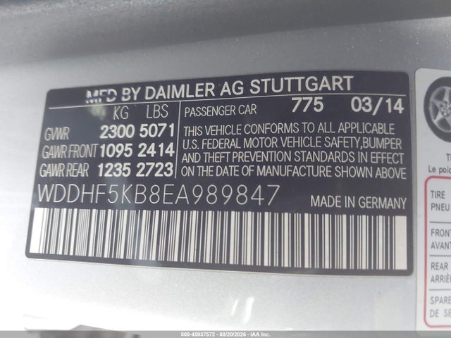 45937572 :رقم المزاد ، WDDHF5KB8EA989847 vin ، 2014 Mercedes-benz E 350 مزاد بيع