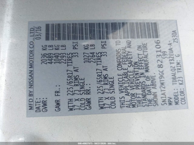 Продаж на аукціоні авто 2016 Nissan Rogue Sv, vin: 5N1AT2MT9GC823106, номер лоту: 45937573