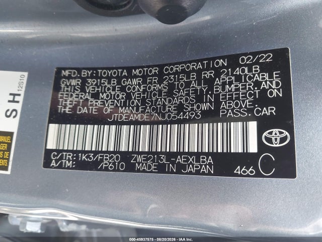 Toyota Corolla Hybrid Le 2022 JTDEAMDE7NJ054493 Image 9