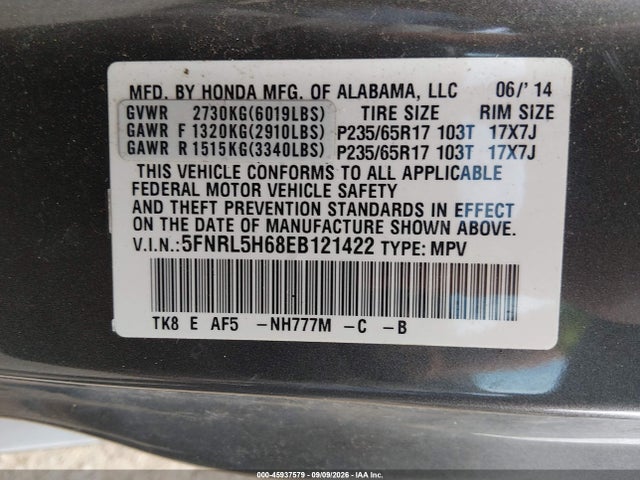 2014 Honda Odyssey Ex-l მანქანა იყიდება აუქციონზე, vin: 5FNRL5H68EB121422, აუქციონის ნომერი: 45937579