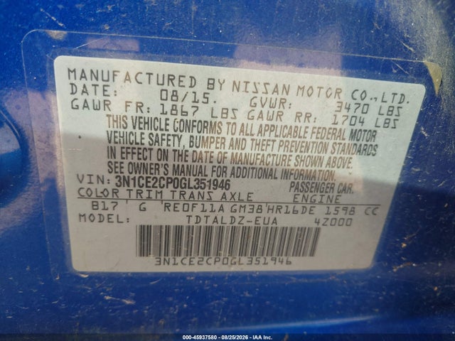 Продажа на аукционе авто 2016 Nissan Versa Note S (sr)/s Plus/sl/sr/sv, vin: 3N1CE2CP0GL351946, номер лота: 45937580