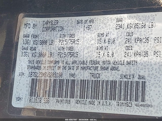 45937587 :رقم المزاد ، 1B7GL23X6VS203190 vin ، 1997 Dodge Dakota Slt/sport مزاد بيع