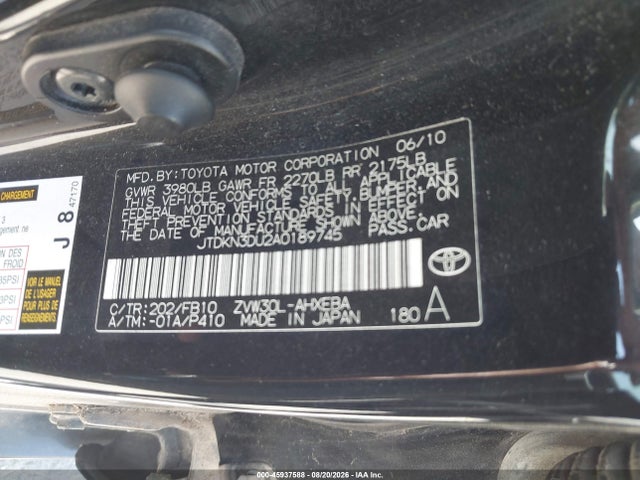 45937588 :رقم المزاد ، JTDKN3DU2A0189745 vin ، 2010 Toyota Prius Iii مزاد بيع