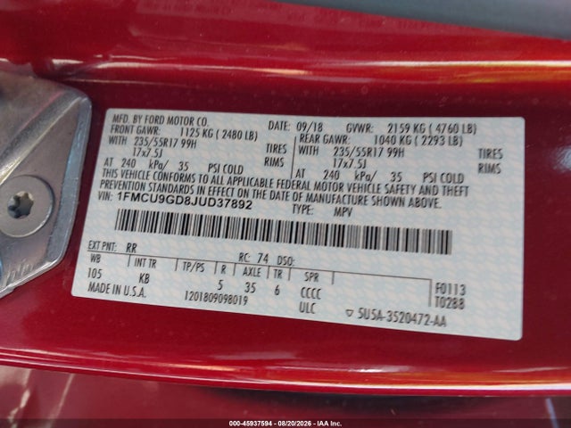 Ford ESCAPE SE 2018 1FMCU9GD8JUD37892 Image 9