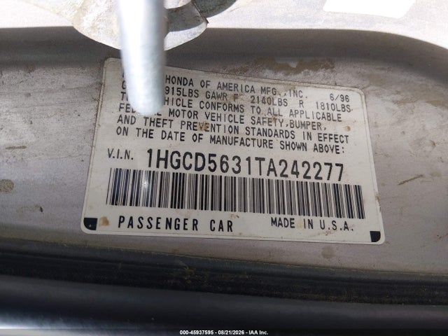 Aukcja sprzedaży 1996 Honda Accord Lx/ex, vin: 1HGCD5631TA242277, numer aukcji: 45937595