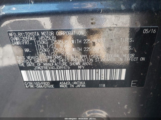 45937602 :رقم المزاد ، JTMZFREV4GJ089476 vin ، 2016 Toyota Rav4 Le مزاد بيع